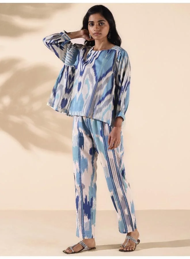 trueBrowns trueBrowns Blue Cotton Ikat Short Co-ord Set