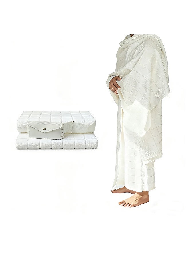 ميشيدا المجموعة من مناشف الإهرام للرجال - حزام مزود بورصة مدمجة ودبابيس + 2 قطع مناشف (عليا وسفلية) - مجموعة مناشف الإهرام، مريحة لفعل الحج والعمرة - ناعمة وماصة ومُحضرة، أحتياجات أساسية للحج والعمرة - Image 1