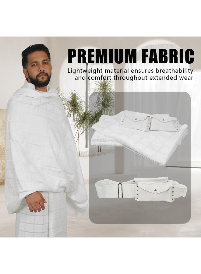 ميشيدا المجموعة من مناشف الإهرام للرجال - حزام مزود بورصة مدمجة ودبابيس + 2 قطع مناشف (عليا وسفلية) - مجموعة مناشف الإهرام، مريحة لفعل الحج والعمرة - ناعمة وماصة ومُحضرة، أحتياجات أساسية للحج والعمرة - Image 4