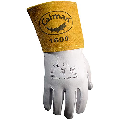 Caiman Premium Goat Grain TIG Welding Gloves, 4-Inch Gold Extended Cuff, Unlined, White/Gold, Medium (1600-4) - Image 2