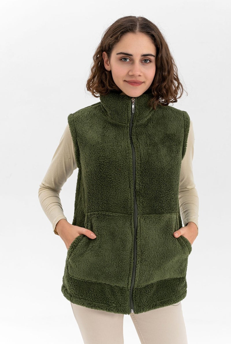 Etkimod Aktifmod Women's Khakigreen Collar Zippered Plush Vest  - Image 1