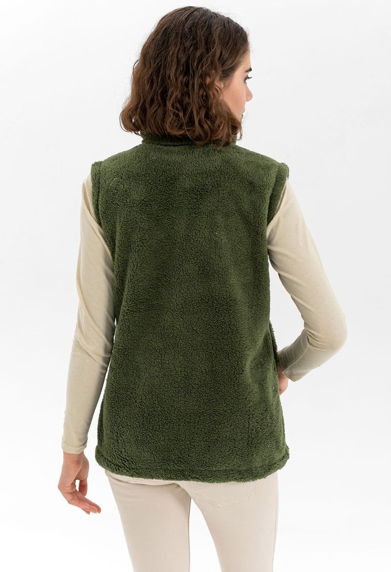 Etkimod Aktifmod Women's Khakigreen Collar Zippered Plush Vest  - Image 5