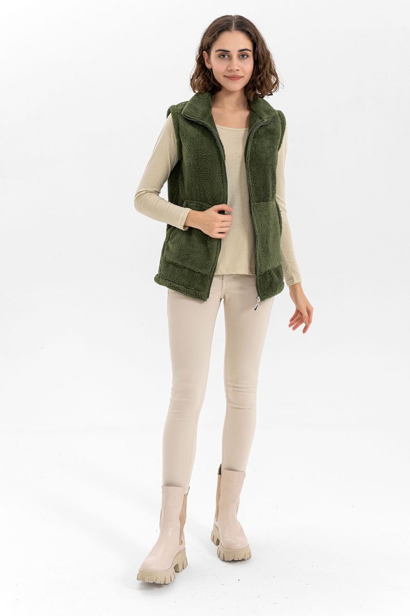 Etkimod Aktifmod Women's Khakigreen Collar Zippered Plush Vest  - Image 2