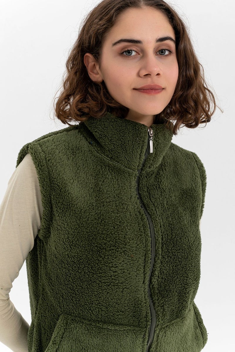 Etkimod Aktifmod Women's Khakigreen Collar Zippered Plush Vest  - Image 4