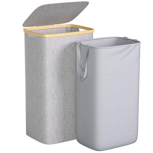 Foluck Large Laundry Hamper, 100L Waterproof Laundry Basket with Lid and Removable Bag, Collapsible Tall Clothes Hamper with Bamboo Handles for Clothes Toys in Dorm Bedroom Bathroom, Grey - Image 1