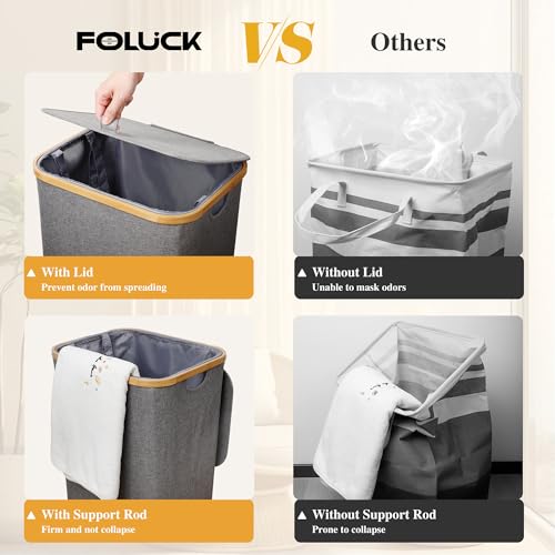 Foluck Large Laundry Hamper, 100L Waterproof Laundry Basket with Lid and Removable Bag, Collapsible Tall Clothes Hamper with Bamboo Handles for Clothes Toys in Dorm Bedroom Bathroom, Grey - Image 5