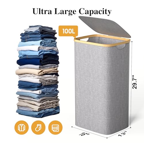 Foluck Large Laundry Hamper, 100L Waterproof Laundry Basket with Lid and Removable Bag, Collapsible Tall Clothes Hamper with Bamboo Handles for Clothes Toys in Dorm Bedroom Bathroom, Grey - Image 2