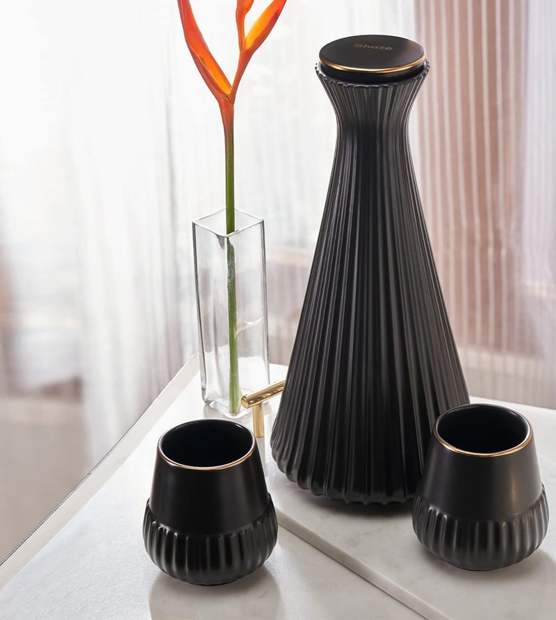 Shaze Shaze Lavo Water Carafe Stoneware Container with Pair of Glass Serveware Color Black  - Image 1