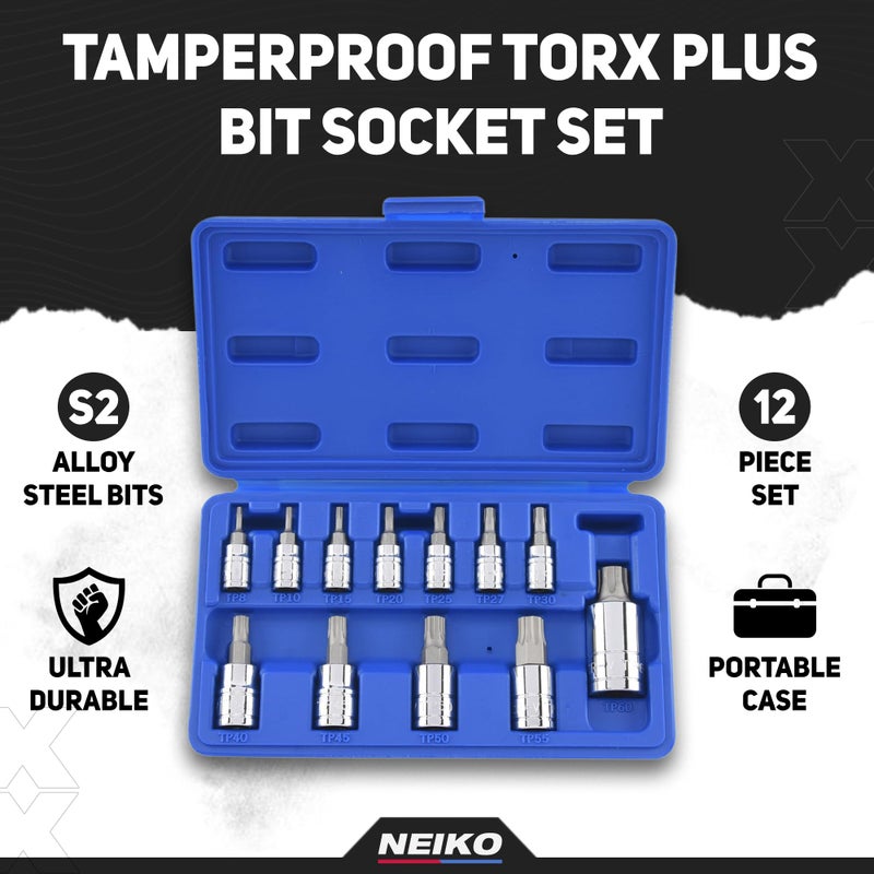 Neiko 10085A Tamperproof Torx Plus Bit Socket Set | 12 Piece | 8 IPR - 60 IPR | 5 Point Star | Cr-V and S2 Steel | High Impact ABS Blow Molded Case - Image 2