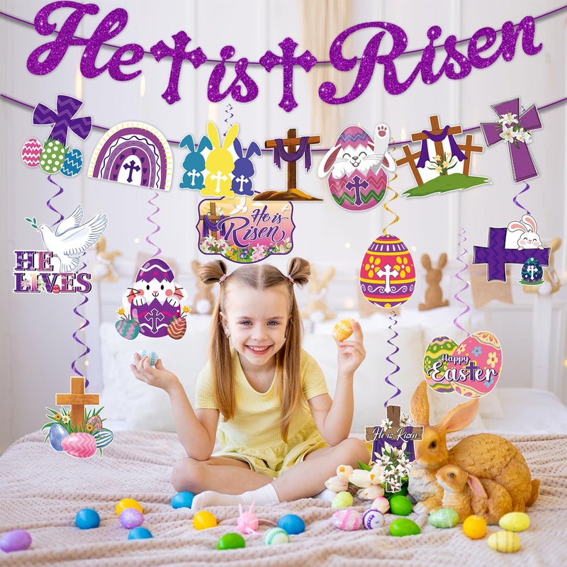 Biswiter He Is Risen Decor - Glitter Religious Christian Easter Banner with Hanging Swirls, Ready-to-Use Party DÃ©cor Includes 'He Is Risen' Banner - Image 2