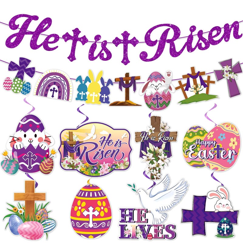 Biswiter He Is Risen Decor - Glitter Religious Christian Easter Banner with Hanging Swirls, Ready-to-Use Party DÃ©cor Includes 'He Is Risen' Banner - Image 1