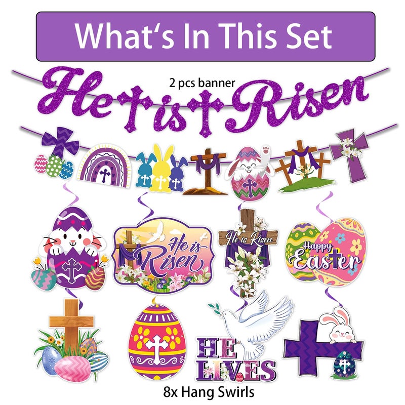 Biswiter He Is Risen Decor - Glitter Religious Christian Easter Banner with Hanging Swirls, Ready-to-Use Party DÃ©cor Includes 'He Is Risen' Banner - Image 3