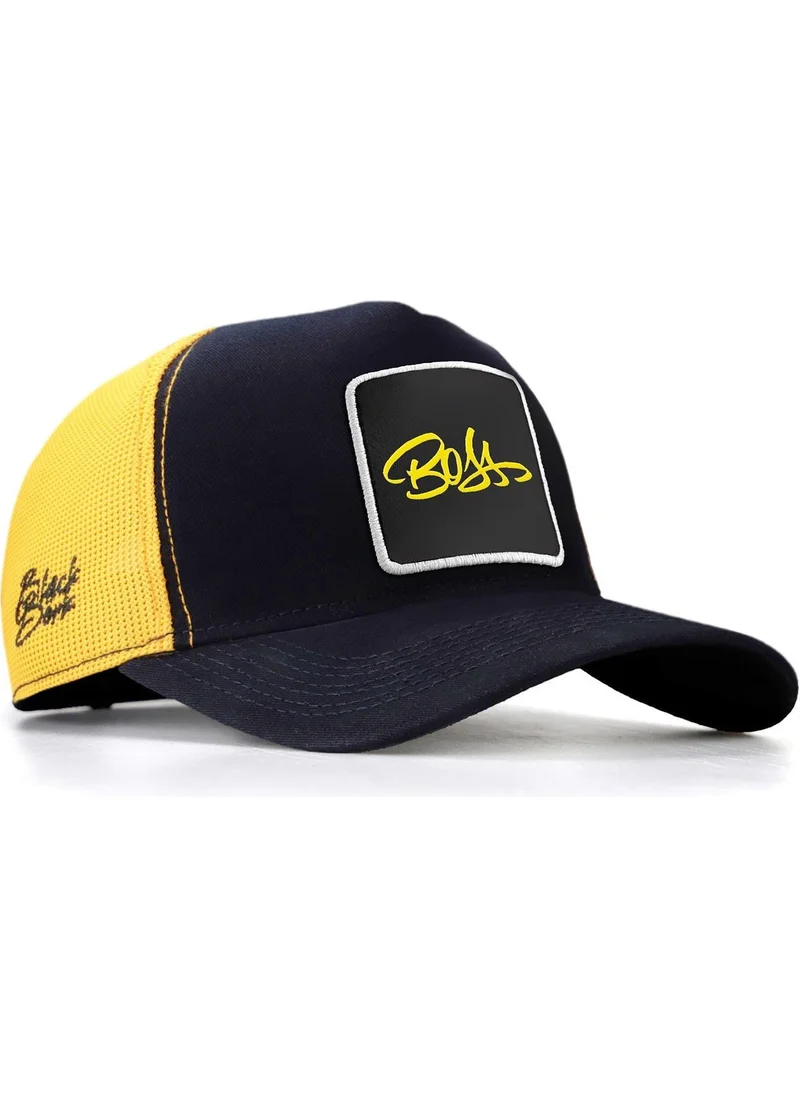 Black Börk Blackbörk V1 Trucker Boss - Dark Navy Blue-Yellow Hat (Cap) with 4 Code Logo