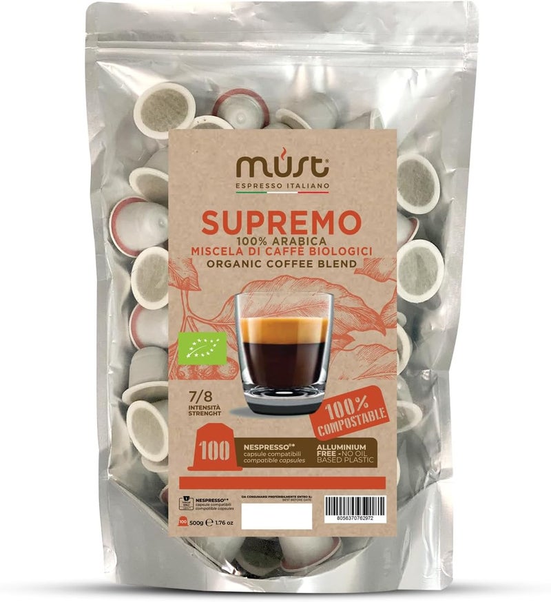 MUST 100 Coffee Capsules SUPREMO Organic Blend Single Origin, Compostable Capsules Compatible with Nespresso Machine, Recyclable - Home Compost, Made in Italy