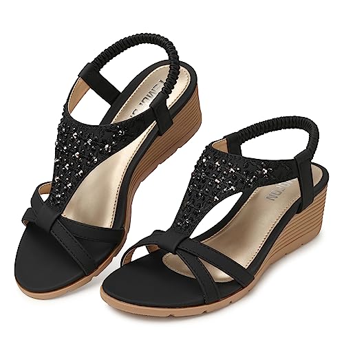 TEMOFON Sandals for Women Wedge Dressy: Summer Open Toe Dress Sandal Comfortable Casual Low Platform Beach Shoes Black Size 9 - Image 4