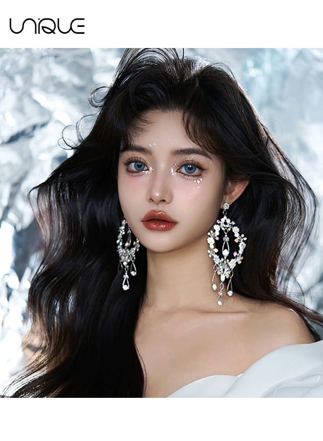 Unique Earrings - Long Tassel Earrings - Diamond-set Waterdrop Drop Earrings - Large Diamond-set Openwork Earrings - Sparkling Earrings - Fashionable and Versatile - Bridal Accessories❤ Unique design: Made o - Image 5