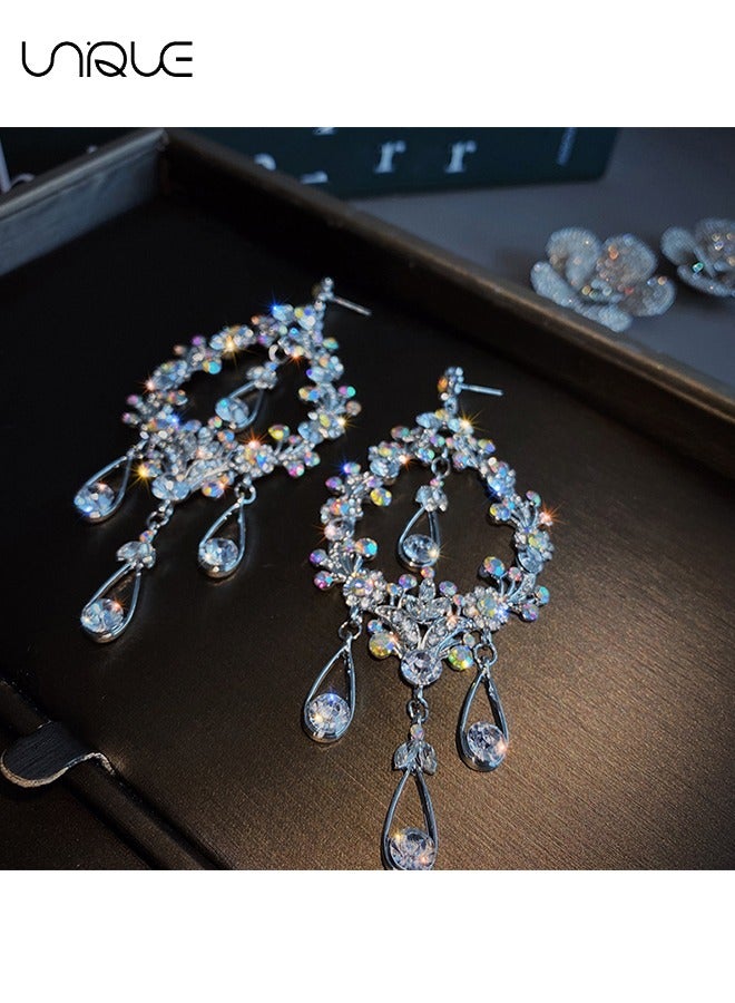 Unique Earrings - Long Tassel Earrings - Diamond-set Waterdrop Drop Earrings - Large Diamond-set Openwork Earrings - Sparkling Earrings - Fashionable and Versatile - Bridal Accessories❤ Unique design: Made o - Image 2