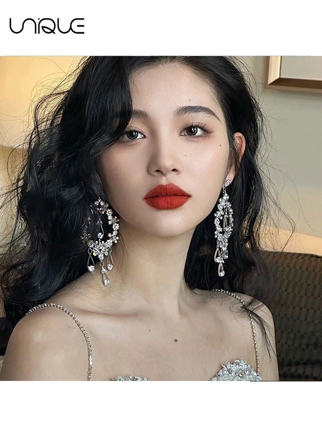 Unique Earrings - Long Tassel Earrings - Diamond-set Waterdrop Drop Earrings - Large Diamond-set Openwork Earrings - Sparkling Earrings - Fashionable and Versatile - Bridal Accessories❤ Unique design: Made o - Image 4