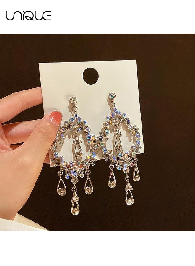 Unique Earrings - Long Tassel Earrings - Diamond-set Waterdrop Drop Earrings - Large Diamond-set Openwork Earrings - Sparkling Earrings - Fashionable and Versatile - Bridal Accessories❤ Unique design: Made o - Image 3