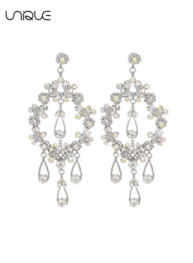 Unique Earrings - Long Tassel Earrings - Diamond-set Waterdrop Drop Earrings - Large Diamond-set Openwork Earrings - Sparkling Earrings - Fashionable and Versatile - Bridal Accessories❤ Unique design: Made o - Image 1