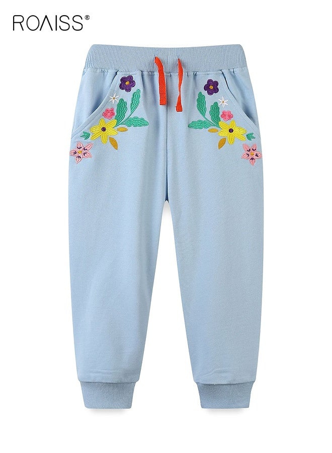 رويس بنطال رياضي للفتيات الصغيرات، بنطال رياضي مريح بنقوش زهرية وجيبين جانبيين، بنطال طويل برباط وساقين مطويتين، مناسب للارتداء اليومي أو أي مناسبة - Image 1