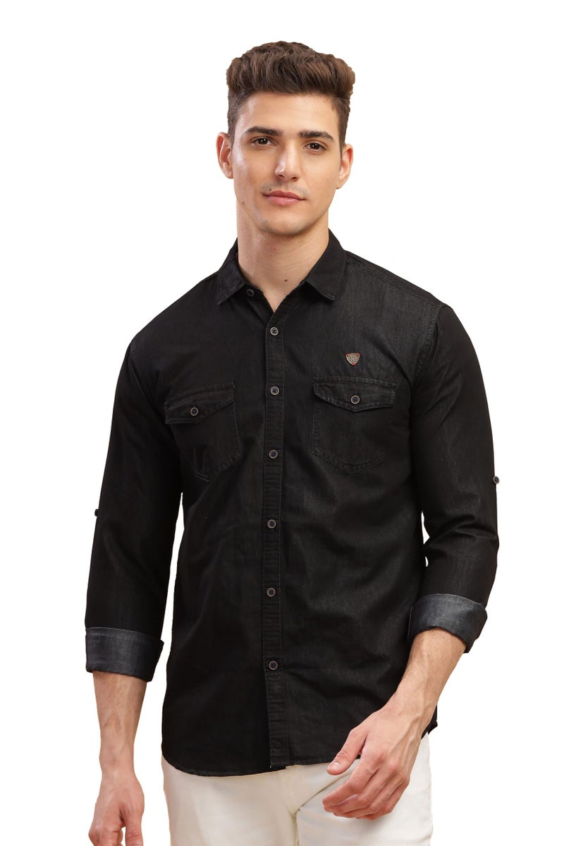 Kuons Avenue Men's Black Double Pocket Denim Shirt | Western Denim Shirt (KACLFS1351A-M_Black_Medium) - Image 1