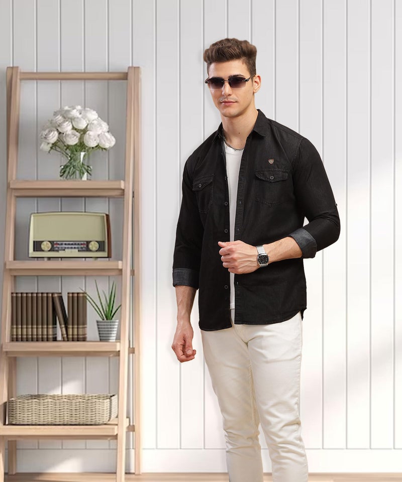 Kuons Avenue Men's Black Double Pocket Denim Shirt | Western Denim Shirt (KACLFS1351A-M_Black_Medium) - Image 4