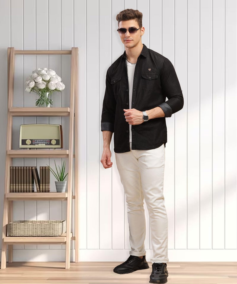 Kuons Avenue Men's Black Double Pocket Denim Shirt | Western Denim Shirt (KACLFS1351A-M_Black_Medium) - Image 3