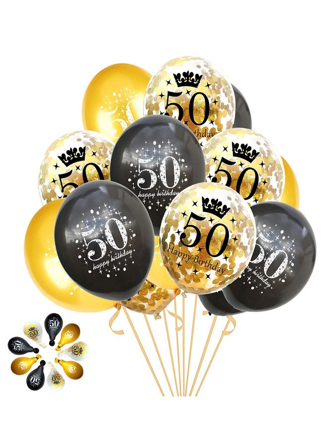 JONHAMWELBOR 50Th Birthday Balloons Gold And Black Party Decorations 15 Pack 12 Inch Latex And Confetti Balloon Printed With Happy Birthday 50 For Women Men  - Image 1