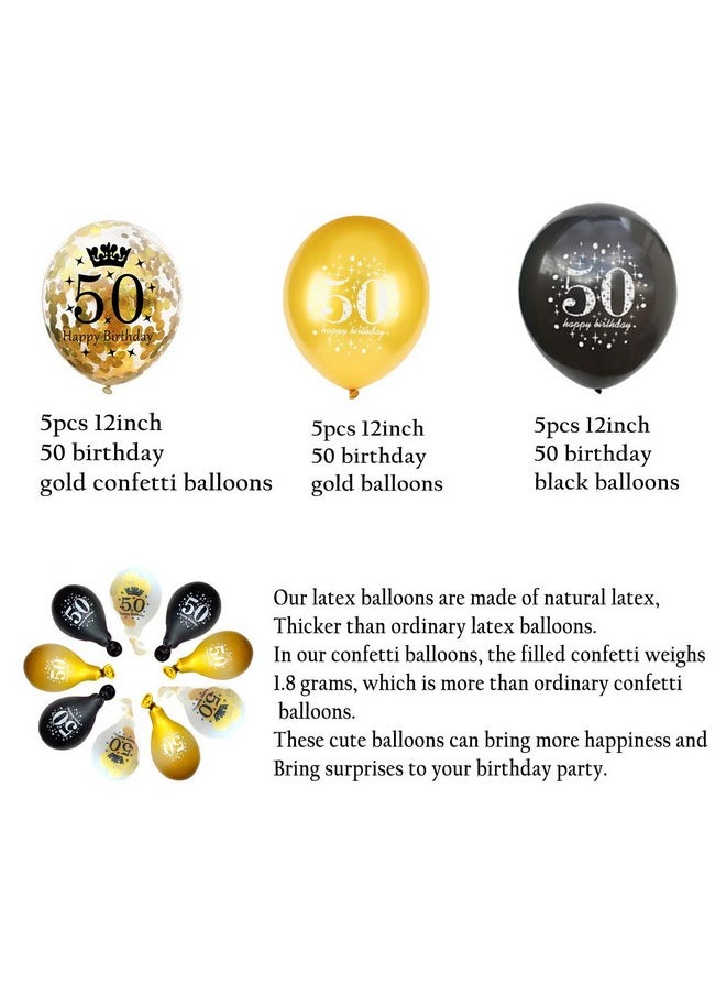 JONHAMWELBOR 50Th Birthday Balloons Gold And Black Party Decorations 15 Pack 12 Inch Latex And Confetti Balloon Printed With Happy Birthday 50 For Women Men  - Image 2