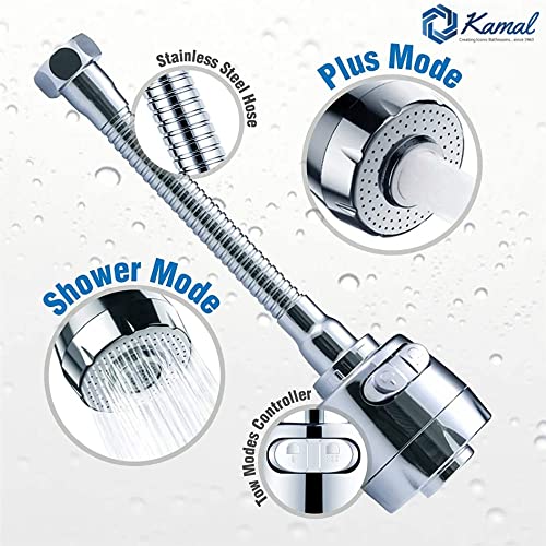Kamal SS 304 Faucet Extension | 360 Degree Flexible Rotation | Dual Flow Shower & Aerator Mode | Sink Spray Water Saving | Suitable for 22MM (Outside) & 24MM (Inside) Faucet Threads Only - Image 3