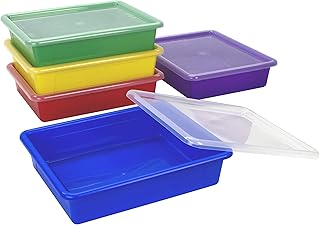 Storex Flat Storage Tray with Lid, Letter Size, 10 x 13 x 3 Inches, Assorted Colors, 5-Pack (62534U05C) - Image 1
