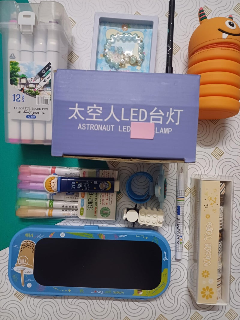 Generic Special Combo Gift Pack for Favourite Surprise -Eraser,Surprise Lamp,Washi,Spinning Band,Designing Highlighter,3 Lines Pen,Stylish pens,2Pencil Box,Color Markers,Sharpener (Pack of 12) for Boy o  - Image 5