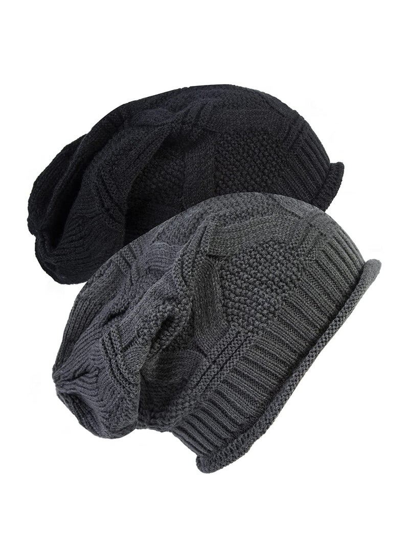 2 Pack Unisex Slouchy Knit Beanie Hats for Winter Fashion - Image 1