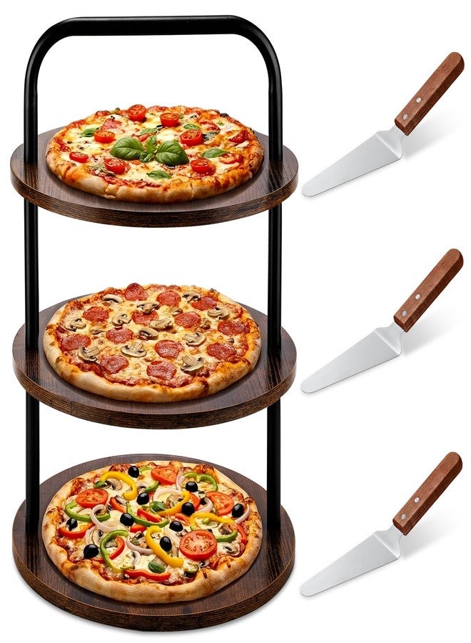 Teecyhooo 4 Pcs Wooden Pizza Stands Tiered Serving Tray Stand with 3 Pizza Servers for Pie Cupcake Dessert Cheese Party Restaurant - Image 1