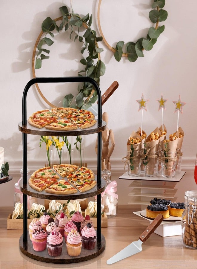 Teecyhooo 4 Pcs Wooden Pizza Stands Tiered Serving Tray Stand with 3 Pizza Servers for Pie Cupcake Dessert Cheese Party Restaurant - Image 5