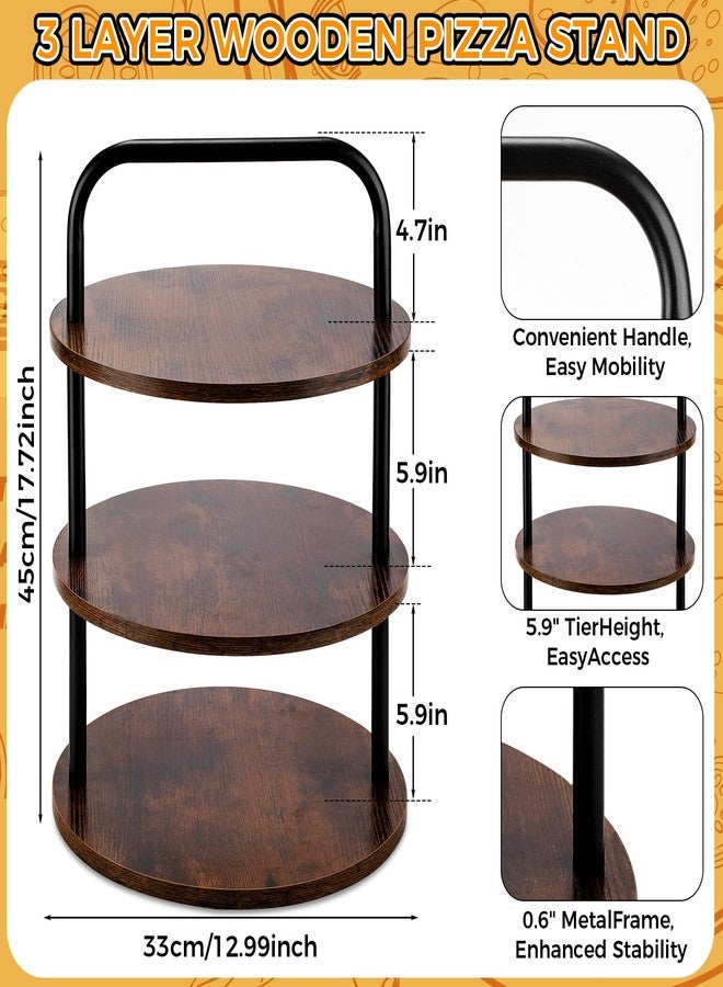 Teecyhooo 4 Pcs Wooden Pizza Stands Tiered Serving Tray Stand with 3 Pizza Servers for Pie Cupcake Dessert Cheese Party Restaurant - Image 2