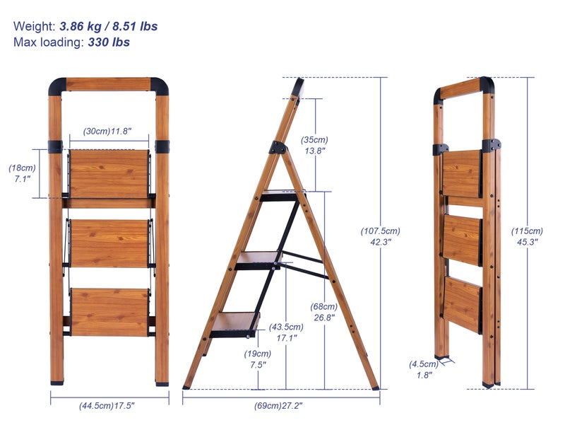 BIBKOKE Step Ladder Folding 3-Step Woodgrain Finish Aluminum Foldable Step Ladders,Anti-Slip for Home & Kitchen Office 330 lbs - Image 2