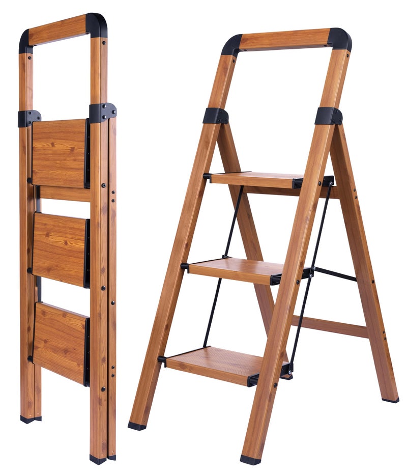 BIBKOKE Step Ladder Folding 3-Step Woodgrain Finish Aluminum Foldable Step Ladders,Anti-Slip for Home & Kitchen Office 330 lbs - Image 1