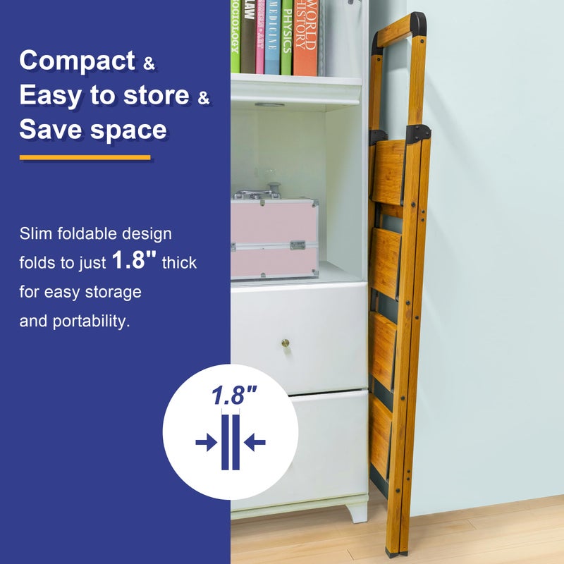 BIBKOKE Step Ladder Folding 3-Step Woodgrain Finish Aluminum Foldable Step Ladders,Anti-Slip for Home & Kitchen Office 330 lbs - Image 5
