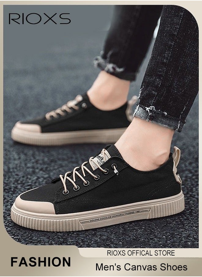 RIOXS - Men's Casual Canvas Low Top Sneakers, High-quality Lace Up Lightweight Breathable Shoes, Fashionable Comfortable Flat Shoes with Non-slip Sole, Sporty Outdoor Trainers, Suitable for Various Activities - Image 1
