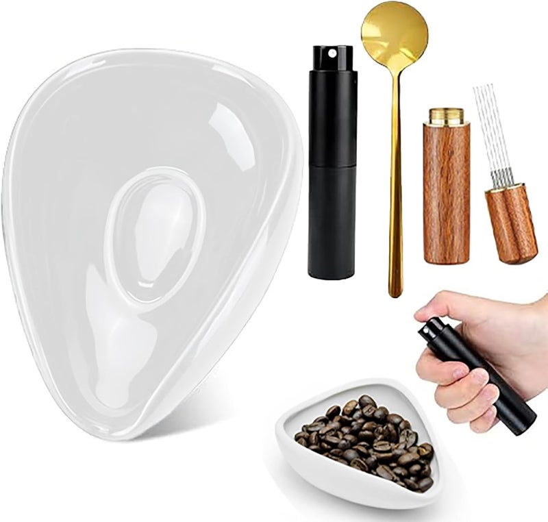 HIHIDAY 4Pcs Coffee Bean Dosing Cup and Spray Bottle 6 Needles Espresso Coffee Stirrers Spoon Set Ceramic Dosing Vessel Tray Single Dose Measuring Tray Kit (white) - Image 1