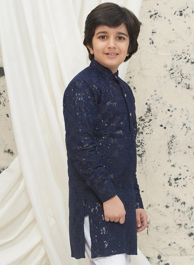 AJ DEZINES Kids Cotton Full Sleeve Navy Blue Sequined Kurta for Boys - Ethnic wear | Special Occasion & Party Outfit | Chikankari Kurta for boys - Regular Fit (KURTA-1270-NAVY-BLUE-14) - Image 5