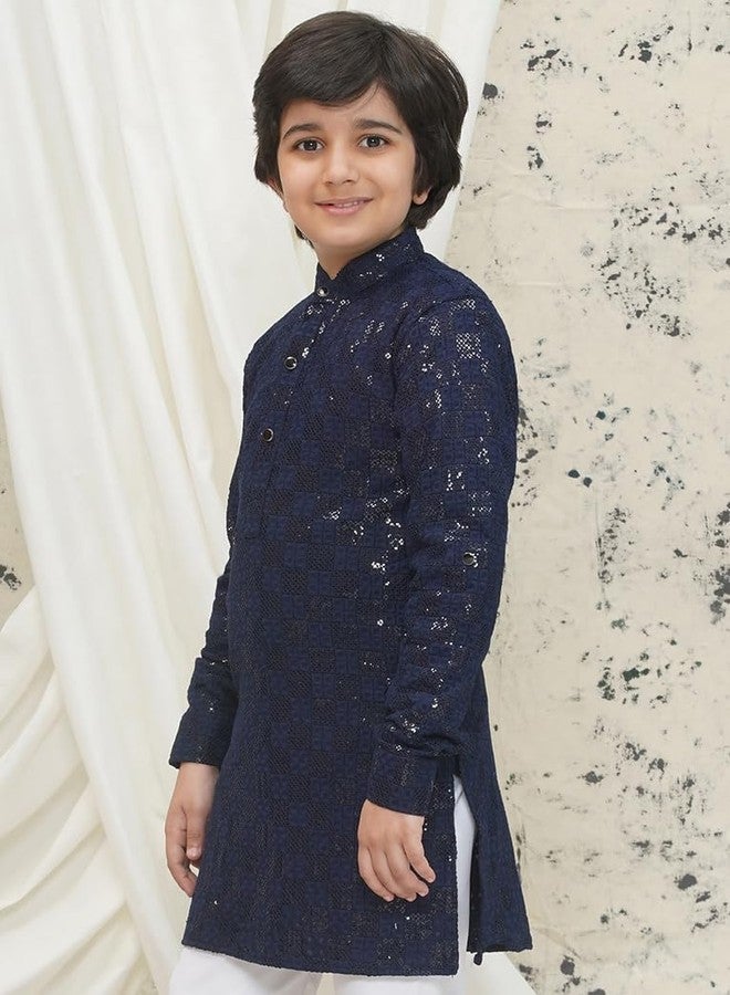 AJ DEZINES Kids Cotton Full Sleeve Navy Blue Sequined Kurta for Boys - Ethnic wear | Special Occasion & Party Outfit | Chikankari Kurta for boys - Regular Fit (KURTA-1270-NAVY-BLUE-14) - Image 4