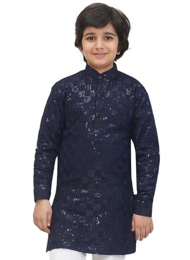 AJ DEZINES Kids Cotton Full Sleeve Navy Blue Sequined Kurta for Boys - Ethnic wear | Special Occasion & Party Outfit | Chikankari Kurta for boys - Regular Fit (KURTA-1270-NAVY-BLUE-14) - Image 1