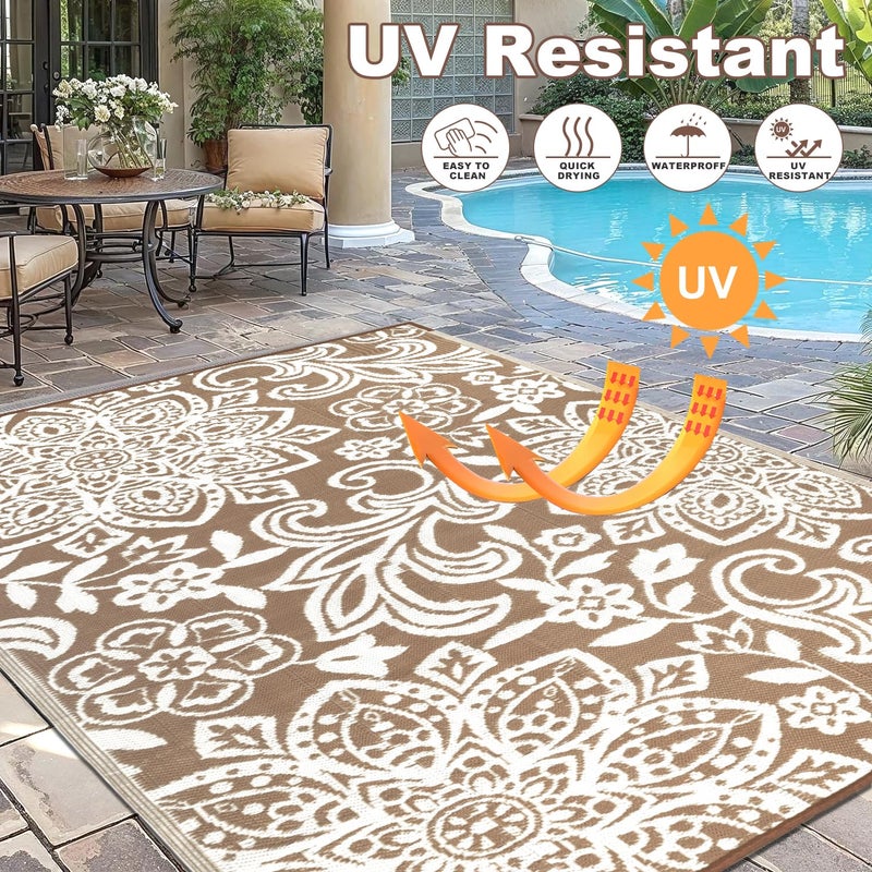 Findosom Waterproof Outdoor Rug 6' x 9' - Reversible Mandala Outdoor Plastic Straw Rug, Durable Foldable Patio Rug for RV, Deck, Balcony, Backyard, Picnic, Porch, Camping, Beach, Brown - Image 4