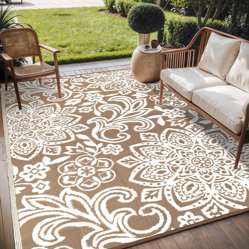 Findosom Waterproof Outdoor Rug 6' x 9' - Reversible Mandala Outdoor Plastic Straw Rug, Durable Foldable Patio Rug for RV, Deck, Balcony, Backyard, Picnic, Porch, Camping, Beach, Brown - Image 1