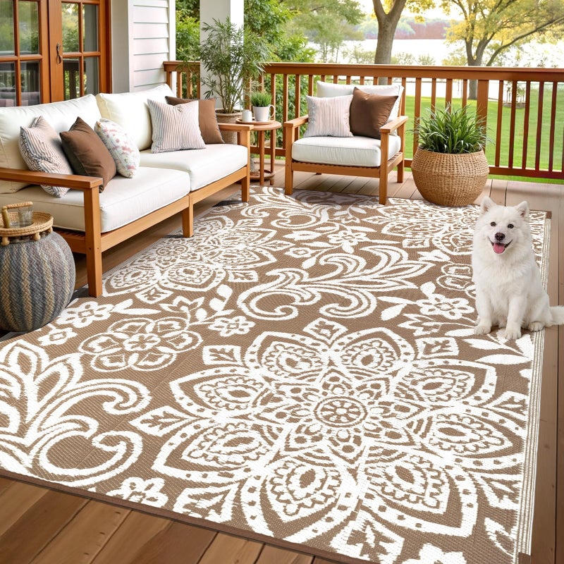 Findosom Waterproof Outdoor Rug 6' x 9' - Reversible Mandala Outdoor Plastic Straw Rug, Durable Foldable Patio Rug for RV, Deck, Balcony, Backyard, Picnic, Porch, Camping, Beach, Brown - Image 5