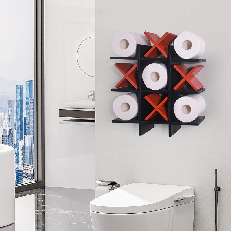 DAOYOUSKY Tic Tac Toe Toilet Paper Holder Stand with 4pcs Wooden X, Farmhouse Rustic Wall Mounted Funny Toilet Papers Storage Organizer with Shelf, Guest Bathroom Decor, Black and Red - Image 2