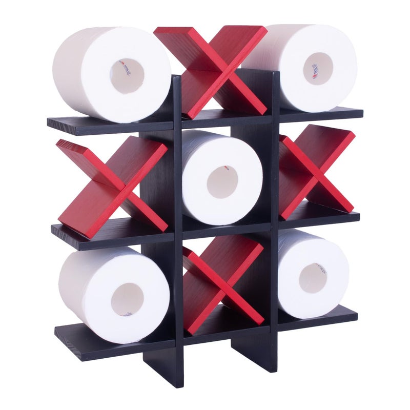 DAOYOUSKY Tic Tac Toe Toilet Paper Holder Stand with 4pcs Wooden X, Farmhouse Rustic Wall Mounted Funny Toilet Papers Storage Organizer with Shelf, Guest Bathroom Decor, Black and Red - Image 1
